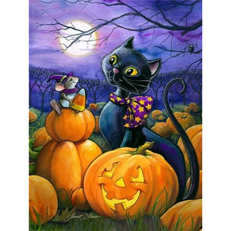 Chat Noir et Citrouilles Enchantées Diamond Painting