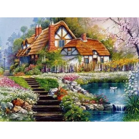 Havre de Paix Champêtre : Maison au Toit de Chaume et Jardin Fleuri Diamond Painting