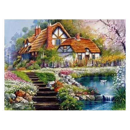 Havre de Paix Champêtre : Maison au Toit de Chaume et Jardin Fleuri Diamond Painting