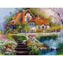 Havre de Paix Champêtre : Maison au Toit de Chaume et Jardin Fleuri Diamond Painting