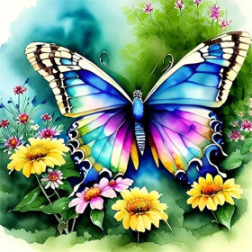 Papillon Aquarelle aux Fleurs Jaunes Diamond Painting