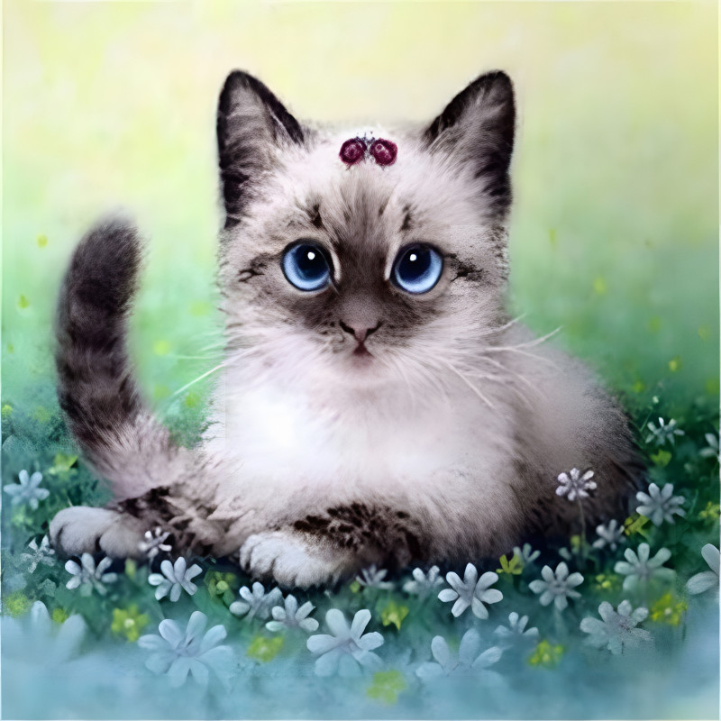 Chaton siamois aux fleurs bleues diamond painting strass brillants