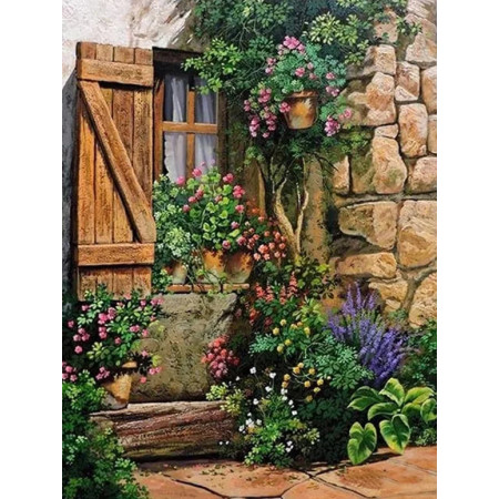 Façade Rustique aux Volets Fleuris Diamond Painting