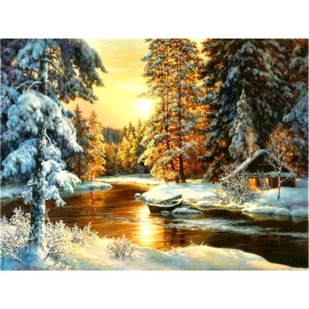 Reflets d'Hiver : Cabane au Couchant Diamond Painting
