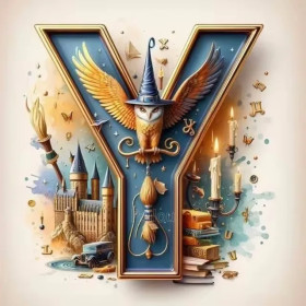 Lettre Y Enchantée : Hibou Sorcier et Château de Poudlard Diamond Painting