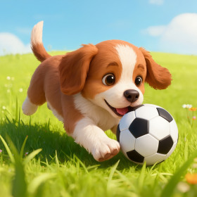 Verspielter Welpe mit Fußball im Grünen
