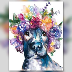 Chien bleu couronne fleurs colorées diamond painting strass brillants