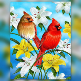 Toile de diamond painting Couple de Cardinaux dans les Lys broderie diamant kit complet
