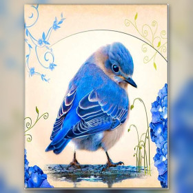 Diamond painting oiseau bleu brillant avec hortensias bleus
