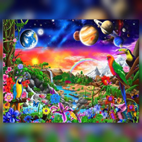 Fantastisches exotisches Paradies Diamond Painting mit glänzenden Strasssteinen und Planeten