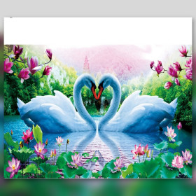 Diamond painting cigni bianchi formano cuore con fiori di loto rosa