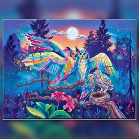 Diamond painting kit Famille de Chouettes Arc-en-ciel sparkling rhinestones on canvas