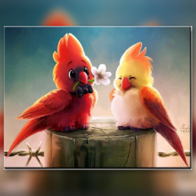 Toile de diamond painting Oiseaux Amoureux sur un Piquet broderie diamant kit complet