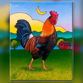 Colorful rooster shiny rhinestones diamond painting farm moon