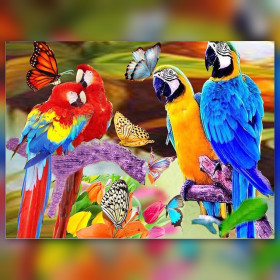 Colorful parrots and butterflies diamond painting canvas with shiny rhinestones