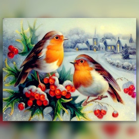 Diamond Painting Winterrotkehlchen rote Beeren glänzende Strasssteine Leinwand