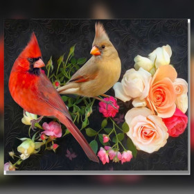 Diamond painting couple cardinaux rouges roses brillantes strass