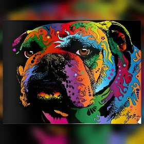 Bulldog psychédélique coloré en diamond painting avec strass brillants