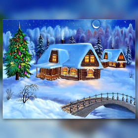 Diamond painting hameau de Noël enneigé avec sapin et pont
