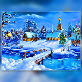 Snowy village diamond painting shiny rhinestones church and bridge