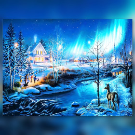 Christmas diamond painting winter landscape northern lights deer snowy river sparkling rhinestones