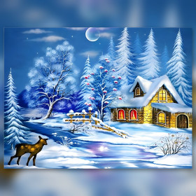 Deer under moonlight diamond painting snowy cabin sparkling rhinestones kit