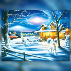 Besneeuwd kerstchalet met honden en glinsterende strass in diamant schilderij