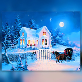 Schneehaus mit Schlitten und Mond im glänzenden Diamantbild