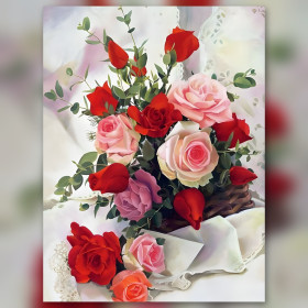 Diamond Painting Blumenstrauß mit roten und rosa Rosen und Strasssteinen