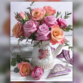 Diamond painting roses pastel dans arrosoir vintage strass brillants