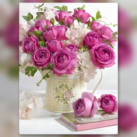 Diamond Painting fuchsienfarbene Rosen in Blumenvase glänzende Strasssteine
