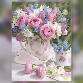 Diamond painting bouquet printanier renoncules roses et muscaris bleus strass brillants
