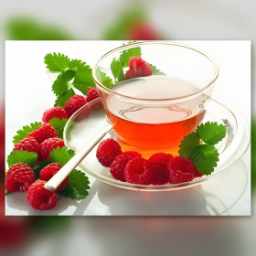 Raspberry tea with green leaves diamond painting shiny rhinestones artwork
