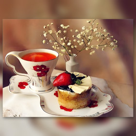 Diamond painting tè rosso e torta alle fragole con strass brillanti
