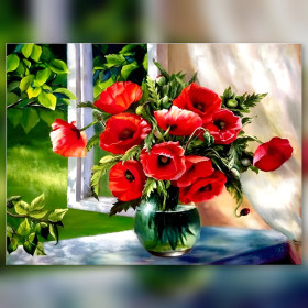 Bouquet di papaveri rossi brillanti diamond painting su tavolo blu