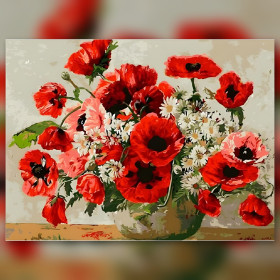 Bouquet de coquelicots rouges et marguerites blanches en diamond painting brillant