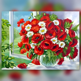 Bouquet de coquelicots rouges et marguerites blanches en diamond painting strass brillants
