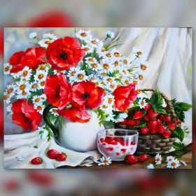 Mazzo di papaveri rossi e margherite bianche con fragole diamond painting