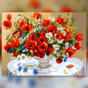 Boeket rode klaprozen en witte madeliefjes diamond painting met glinsterende steentjes