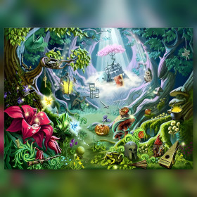 Diamond Painting Leinwand verzauberter Wald mit glänzenden Strasssteinen und bunten Blumen