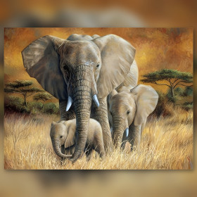 Mutterelefant mit Kälbern Diamond Painting glänzende Strasssteine Savannenlandschaft