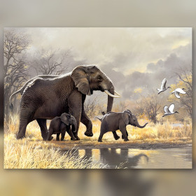Famille d'éléphants dans la savane avec strass brillants diamond painting