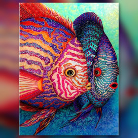 Coppia di pesci discus colorati diamond painting con strass lucenti