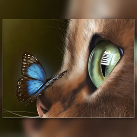 Diamond painting œil vert chat et papillon bleu strass brillants