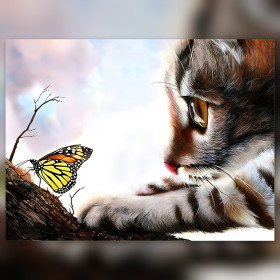 Chat tigré observant papillon monarque toile diamond painting strass brillants