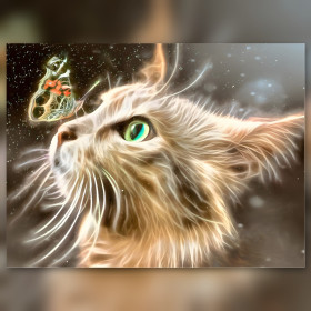 Chat féerique aux yeux verts avec papillon lumineux en diamond painting