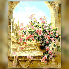 Toile de diamond painting Diamond Painting Roses Roses sur un Balcon de Pierre broderie diamant kit complet