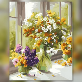 Impressionistisch bloemboeket in vaas bij raam diamond painting strass