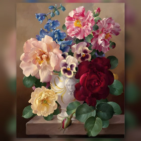Bouquet de roses colorées dans vase sculpté diamond painting strass brillants