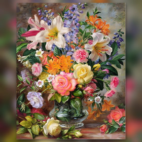 Diamond painting kit Diamond Painting Bouquet Majestueux Lys et Roses dans un Vase en Cristal fonkelende steentjes op canvas